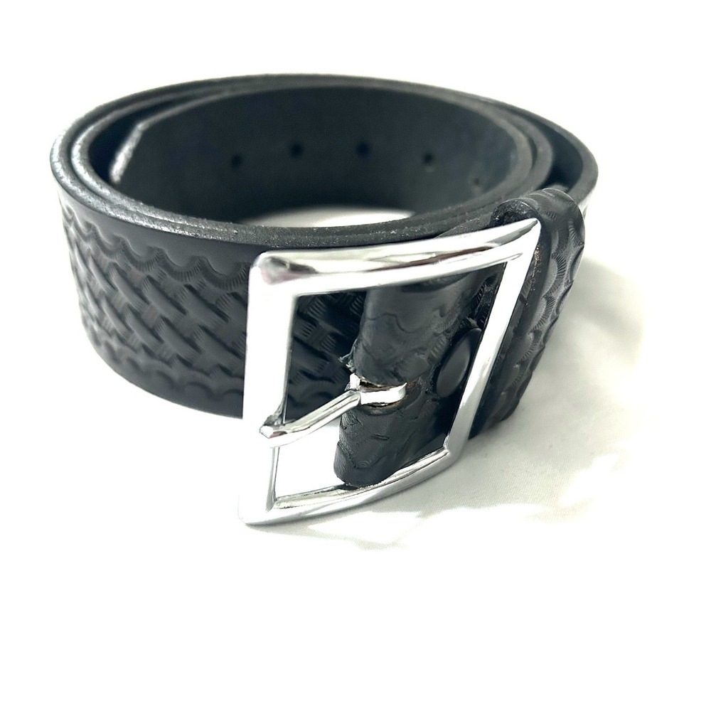 Boston Leather Belt Mens Size 38 Black Silver Tone Buckle 1.75" Work Uniform New